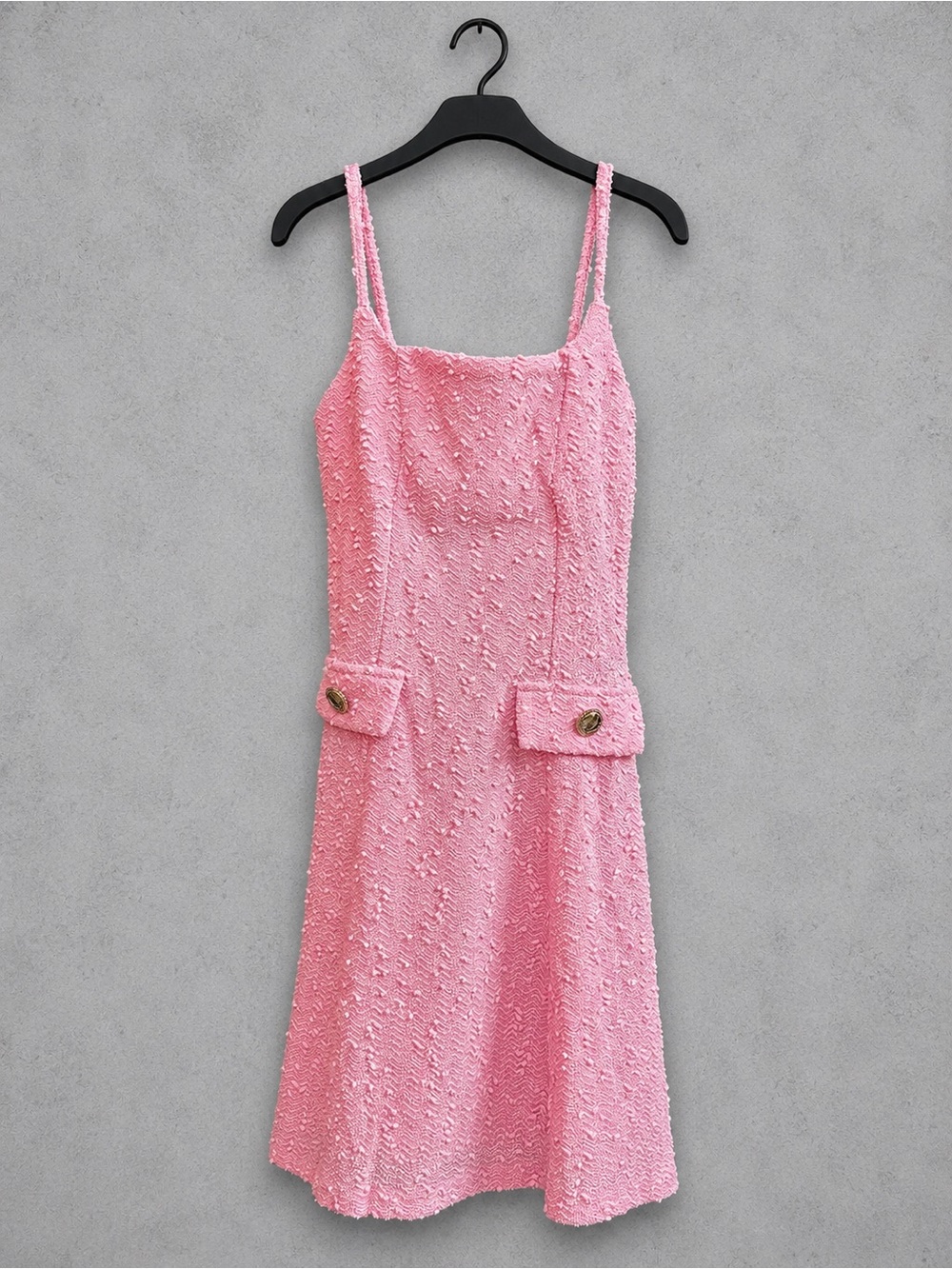 NWT WDIRARA Pink Textured Bouclé Mini Dress XS Spaghetti Strap Tweed Look